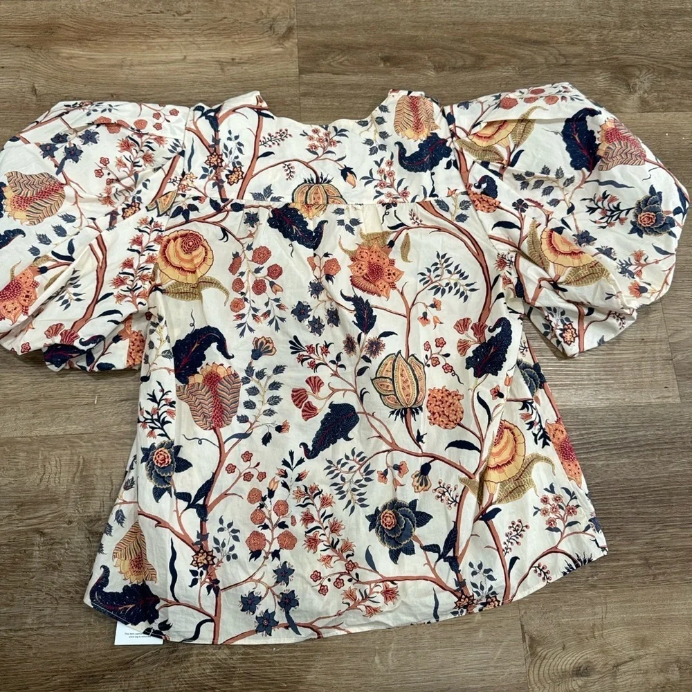 Ulla Johnson Cream Floral Puff-Sleeve Blouse with Navy and Rust Motif
